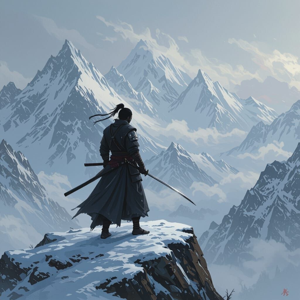 Ninja on Snowy Peak in Detailed Digital Painting Style