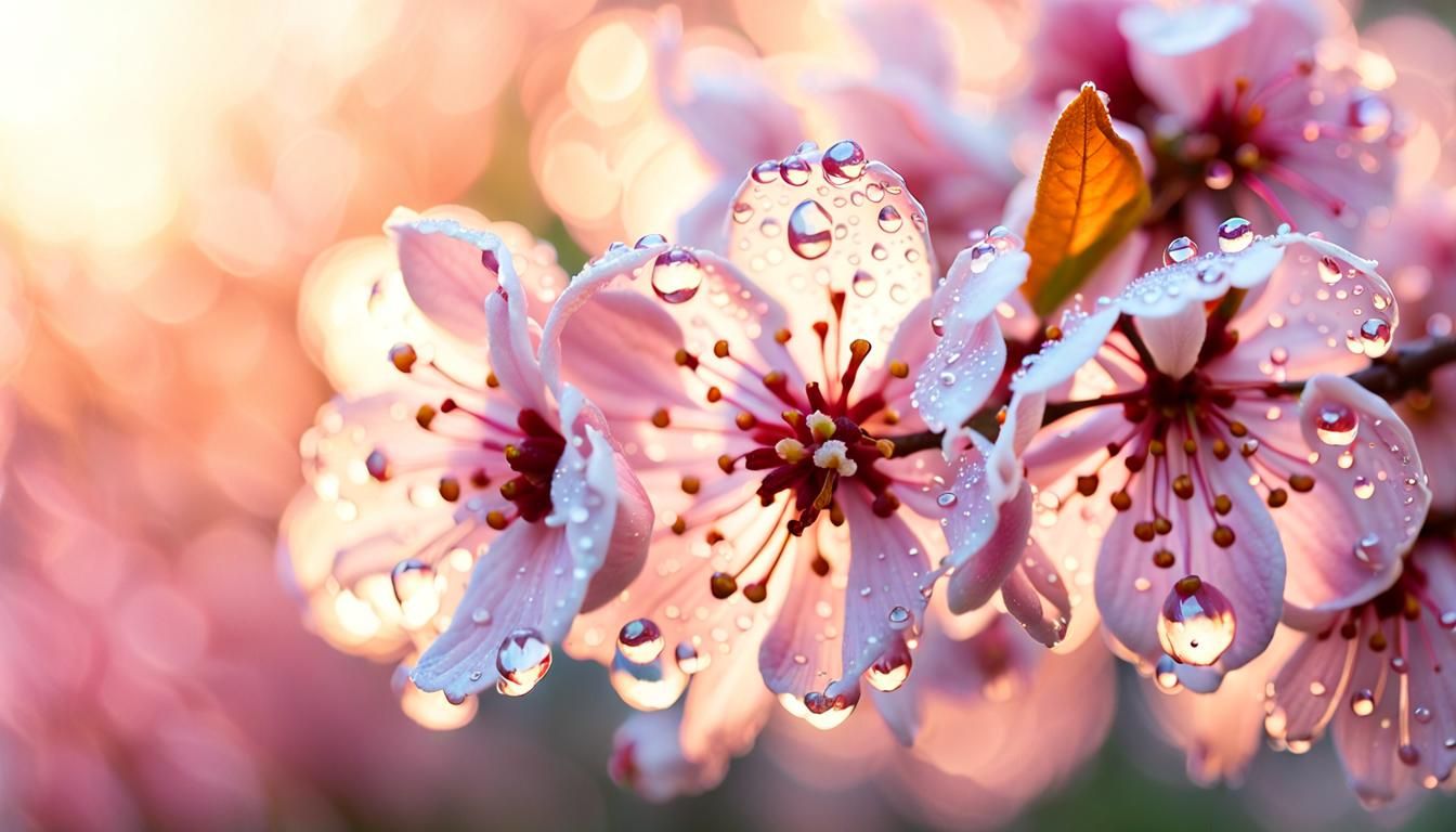 Dew-Kissed Cherry Blossom: Macro Photorealistic Image