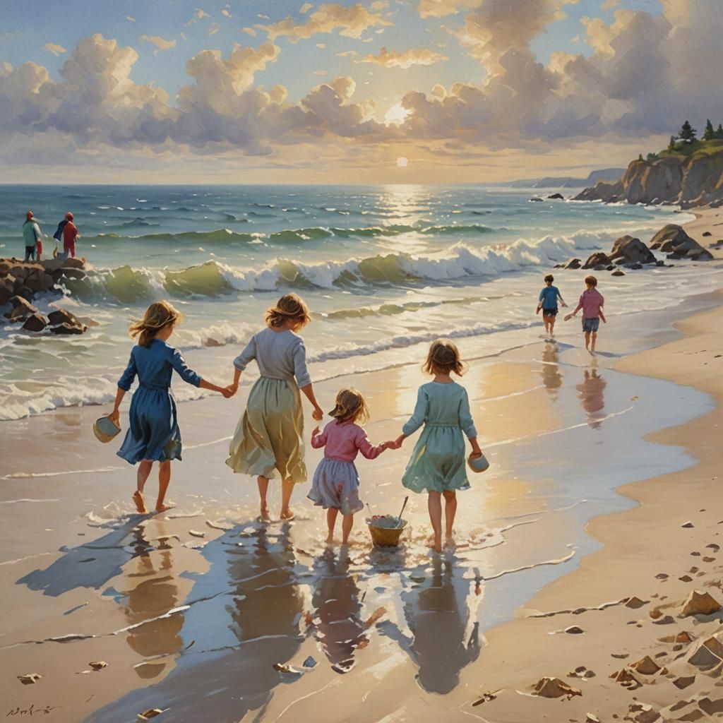 Families Creating Beach Memories in Impressionist Style
