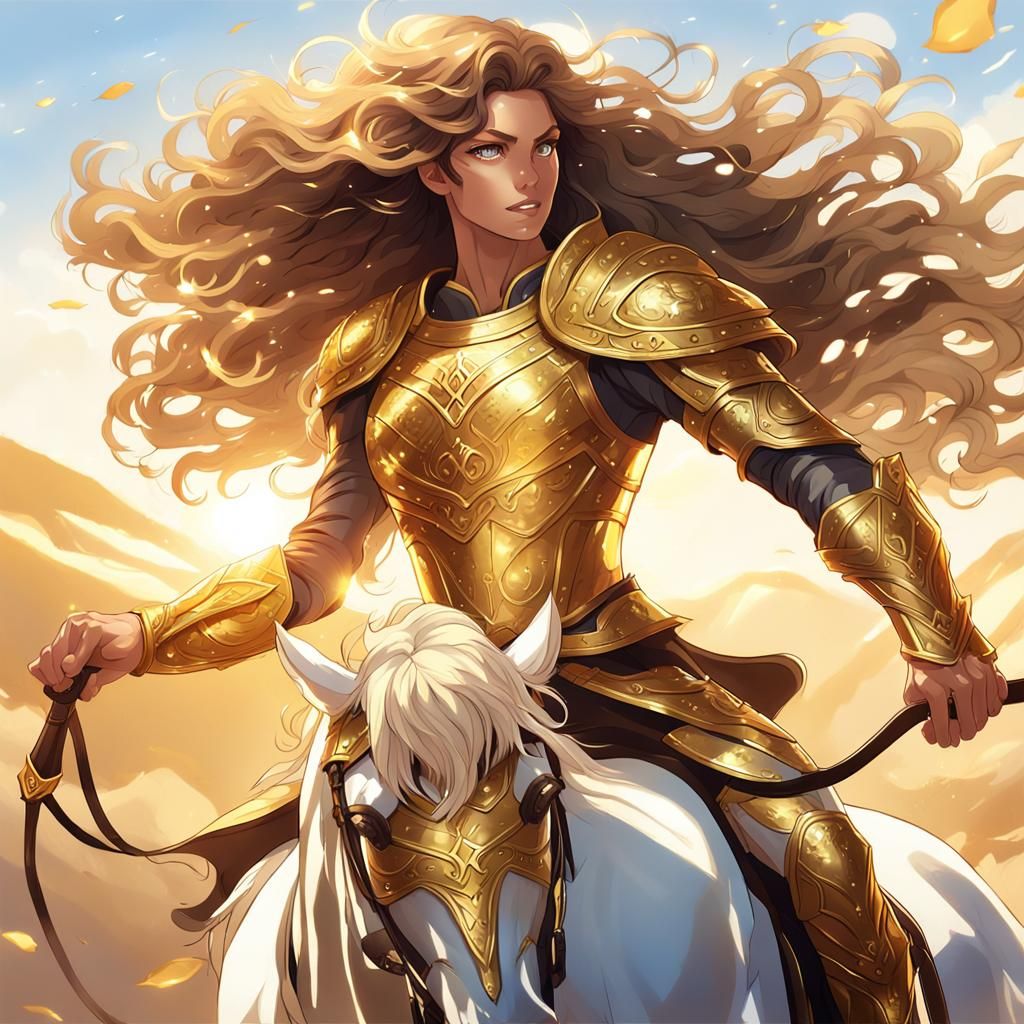 Anime Woman Warrior on Horseback, Cel-Shaded Style