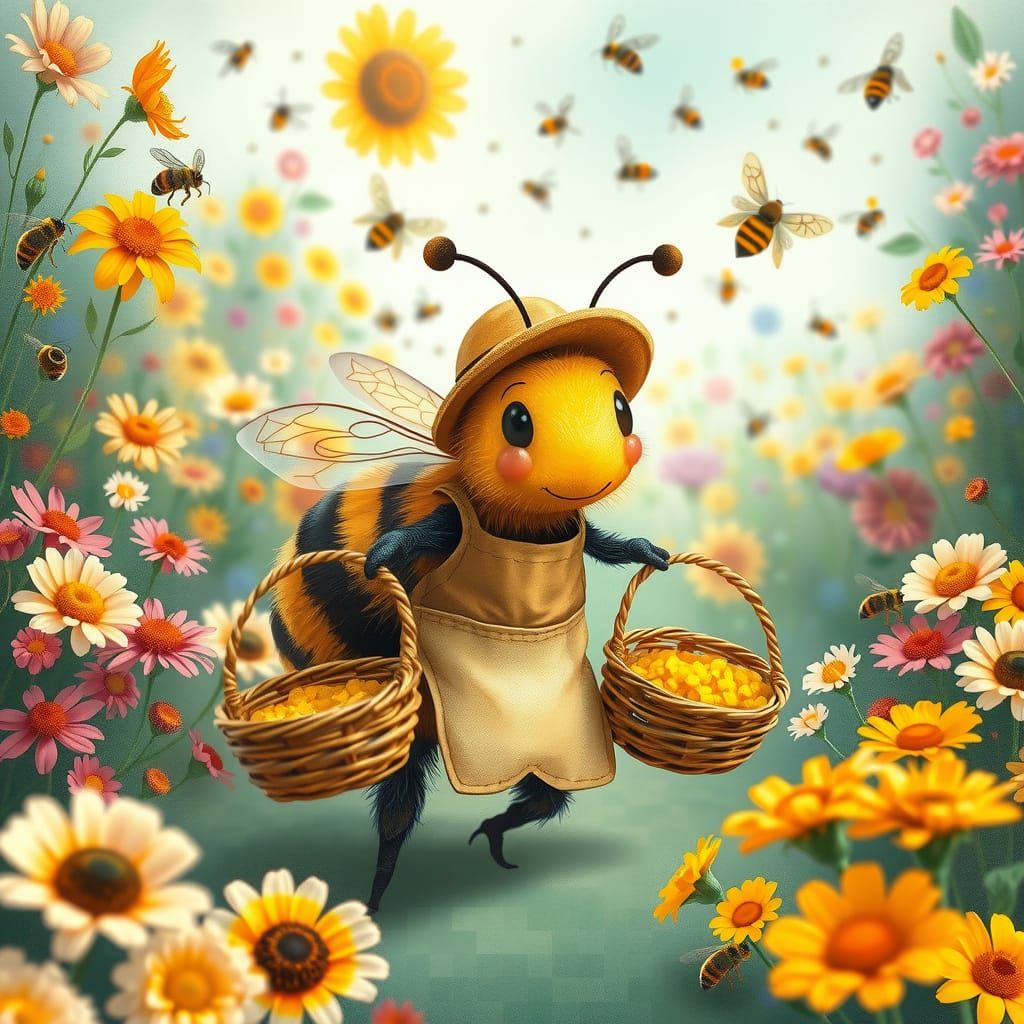 Whimsical Bee Market Scene in a Humorous Children's Illustra...
