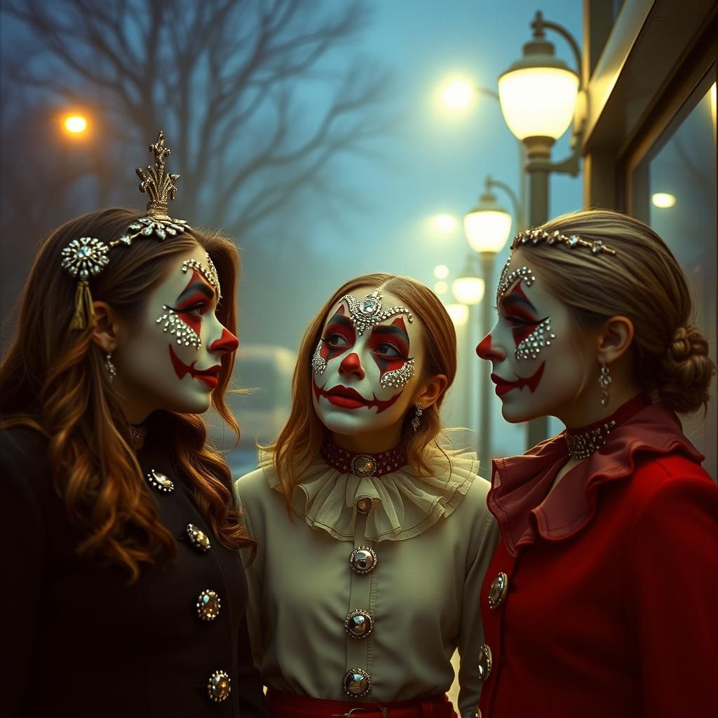Sisters in Clown Makeup at Misty Bus Stop