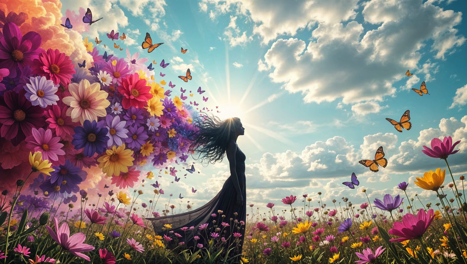 Woman Dissolves into Vibrant Cloud of Flowers and Butterflie...