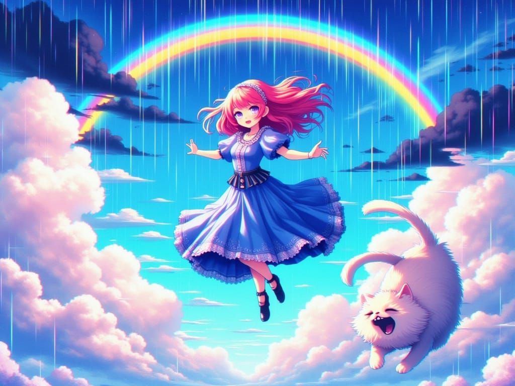Anime Girl Jumps Between Clouds with Rainbow and Cat