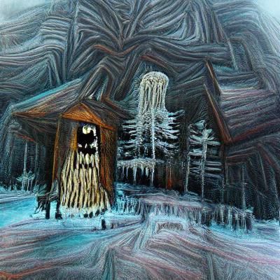 Eerie Cabin Scene with Mountain Horror