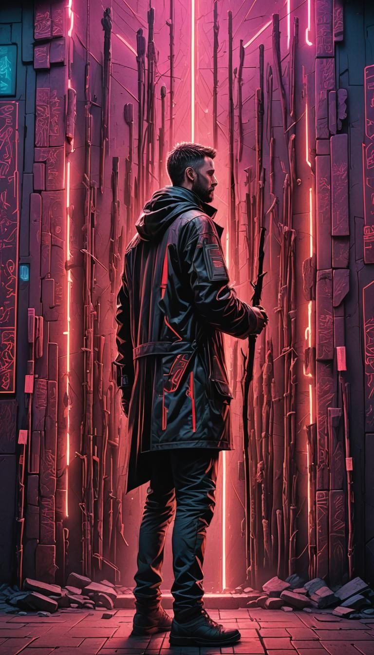 Nine of Wands Tarot in Cyberpunk Style