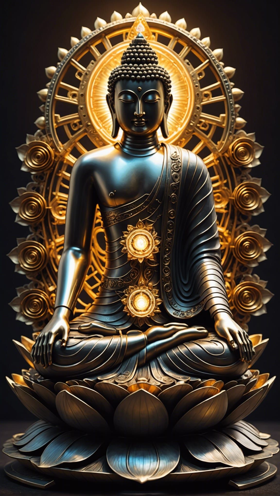 Futuristic Mechanical Buddha with Lotus and Aura