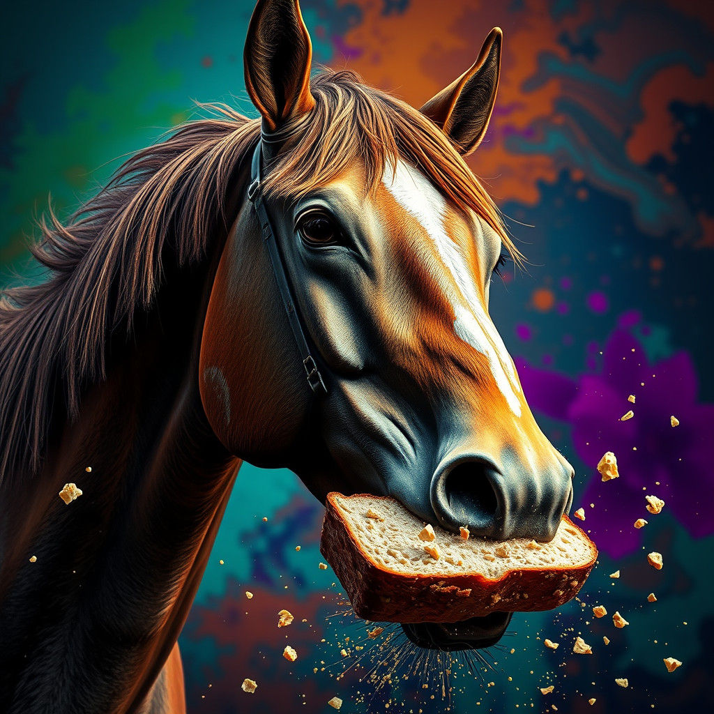 Horse Devouring Bread: Hyperrealistic Splash Art