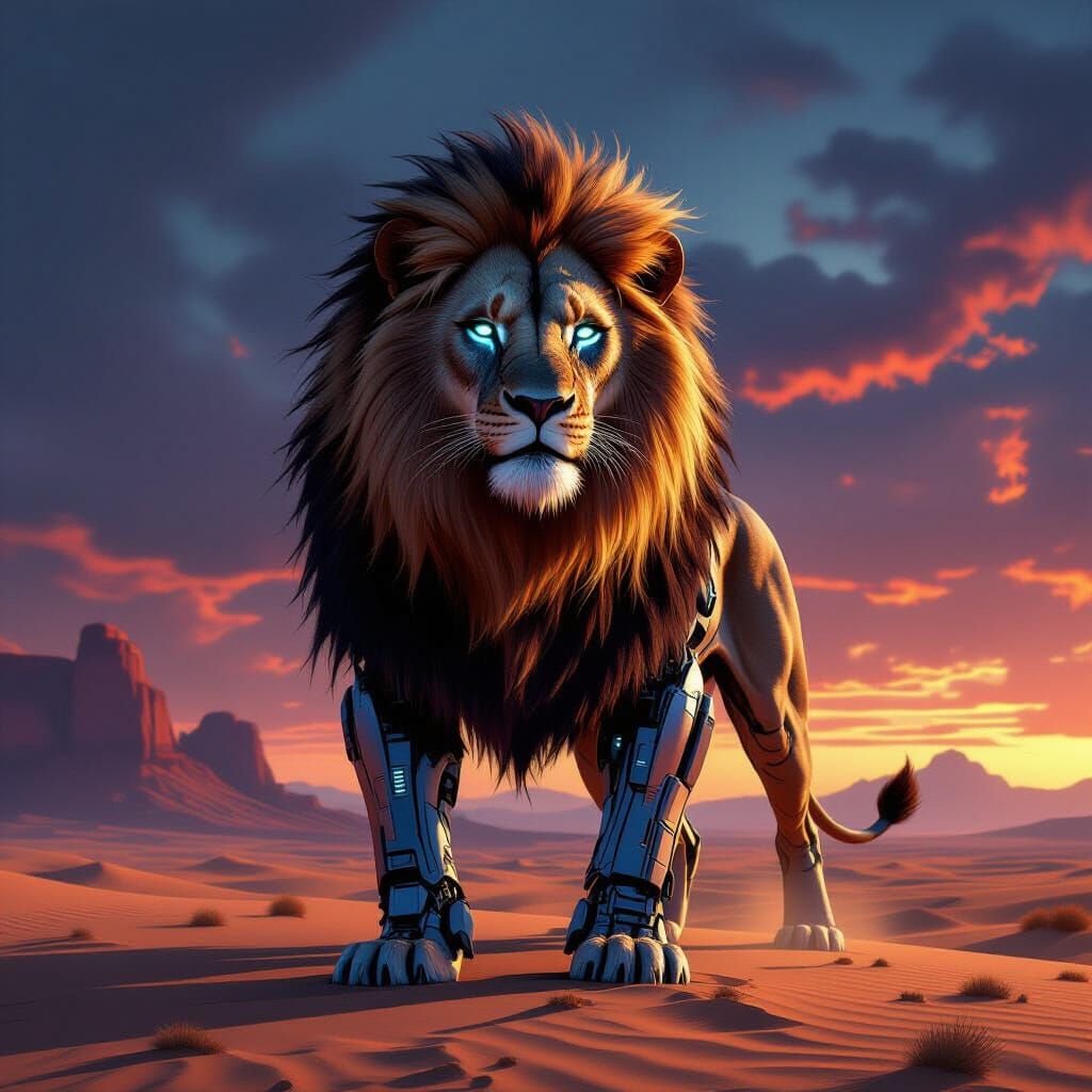 Bionic Lion in Desert Landscape, Matte Painting Style