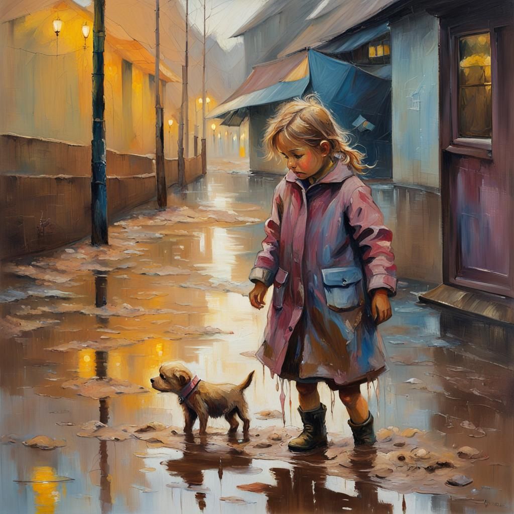 Muddy Puppy: Impressionist Painting of Childhood Joy