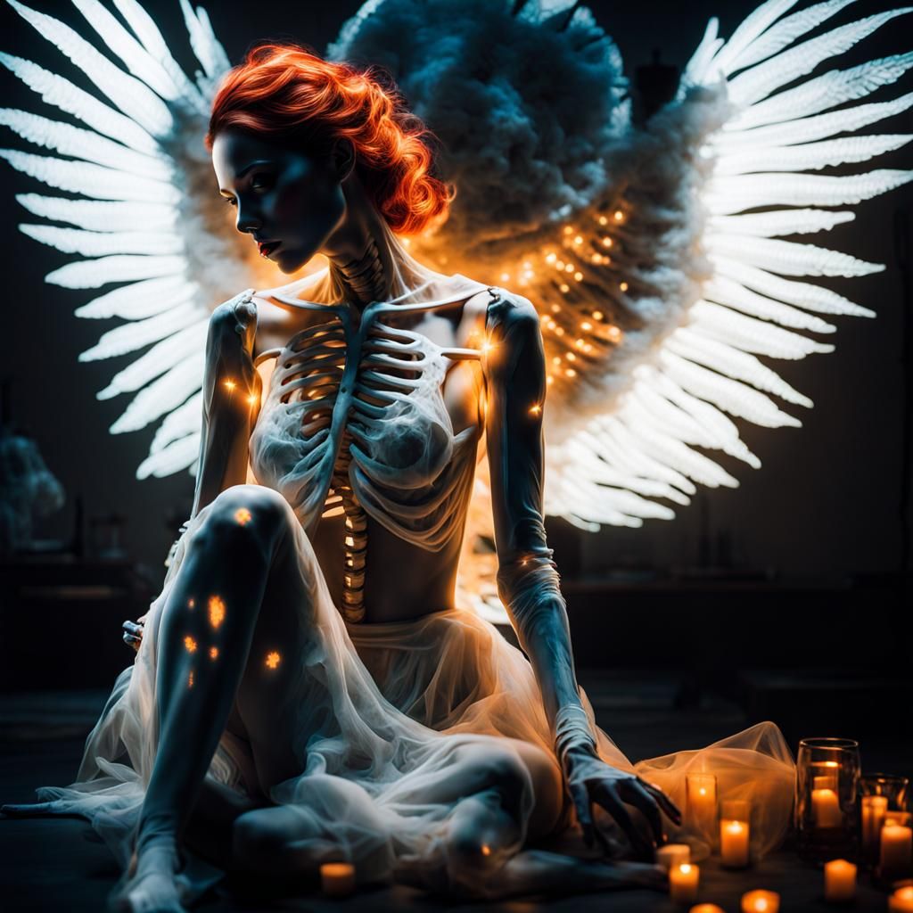 Luminescent Ghost Woman with Visible Skeleton in Film Light