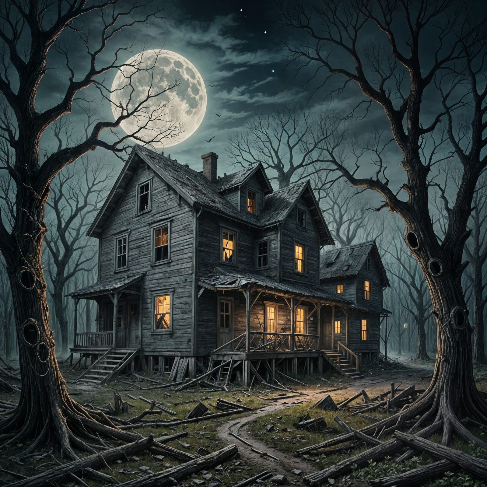 Eerie Abandoned Village in Moonlight