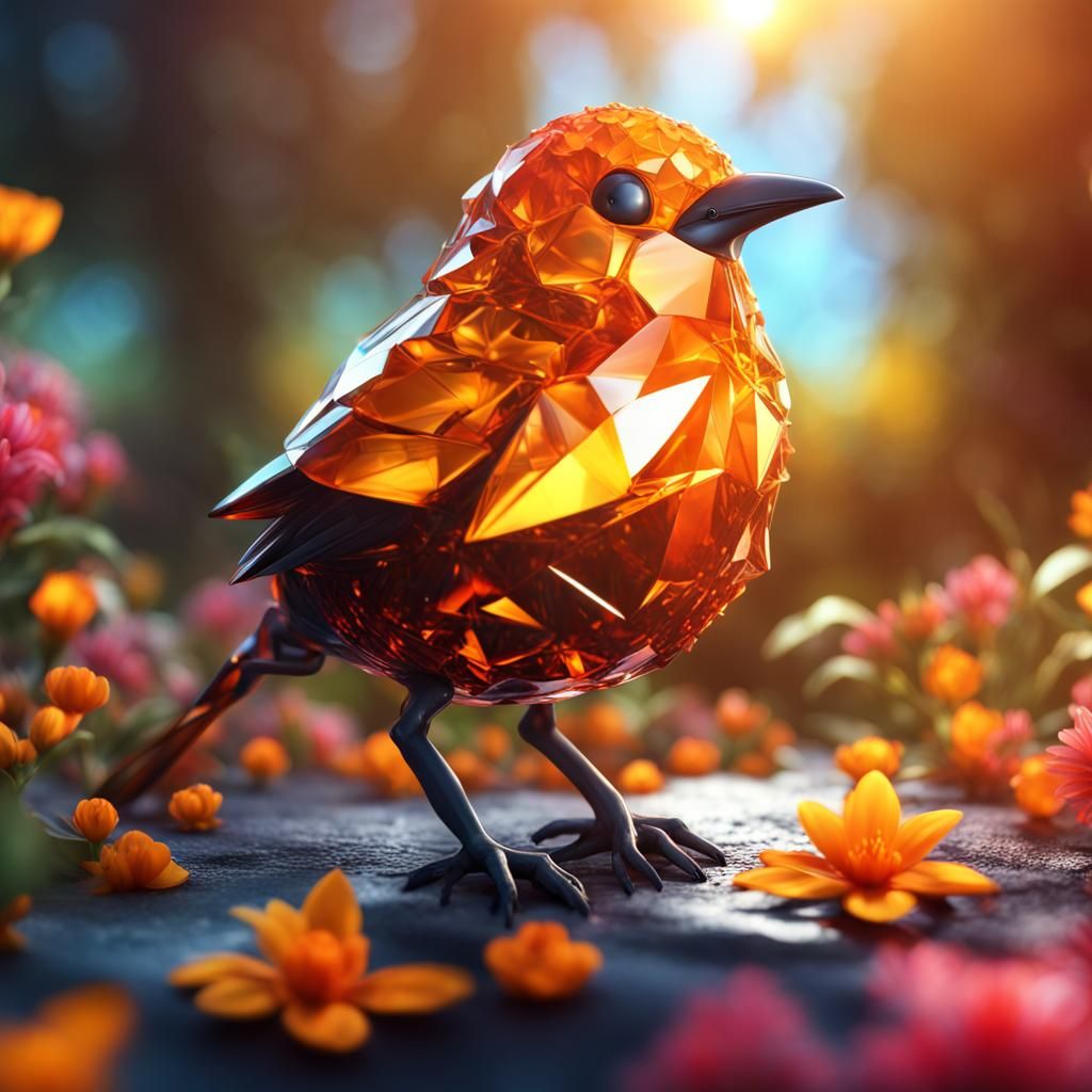 Crystal Bird with Jamaica Flowers, Matte Painting Style