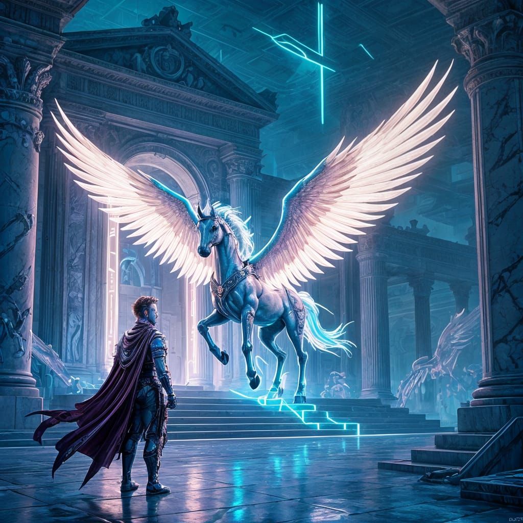 Pegasus Lands Before Cyberpunk Temple