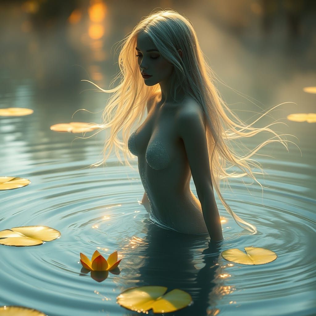 Ethereal Water Nymph Rises from Serene Lake