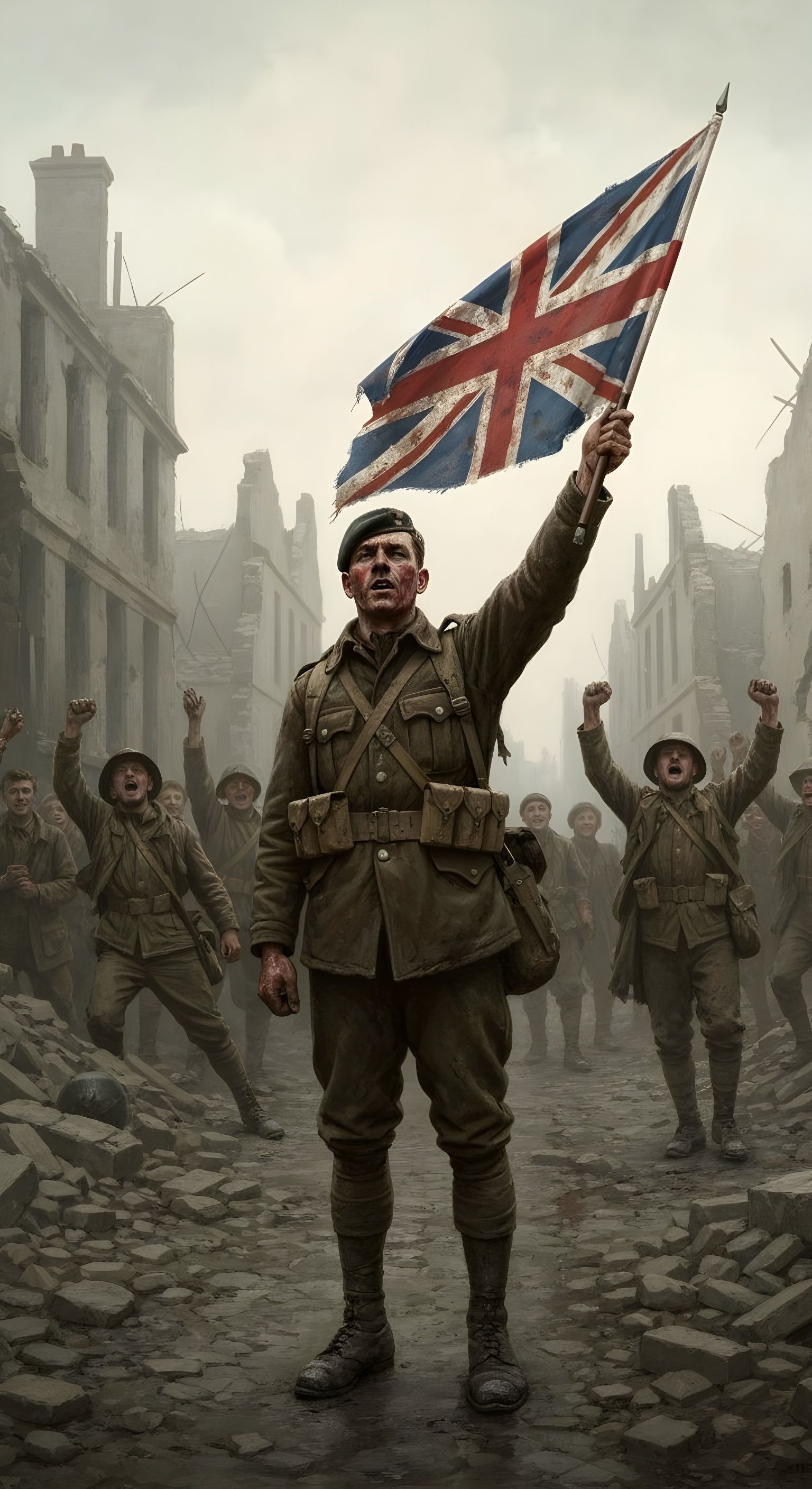 Triumphant Tommy in Ruins with Union Jack