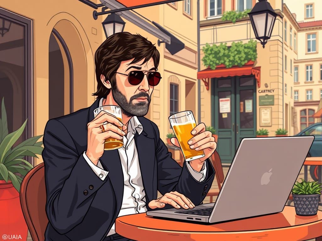 Paul McCartney in European Cafe as Comic Book Art