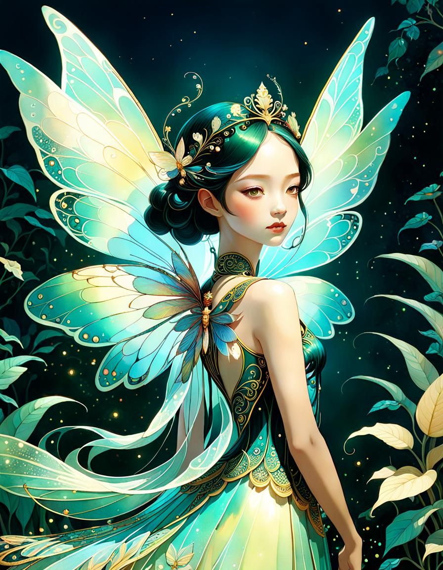 Ornate Fairy with Iridescent Wings in Watercolor Style