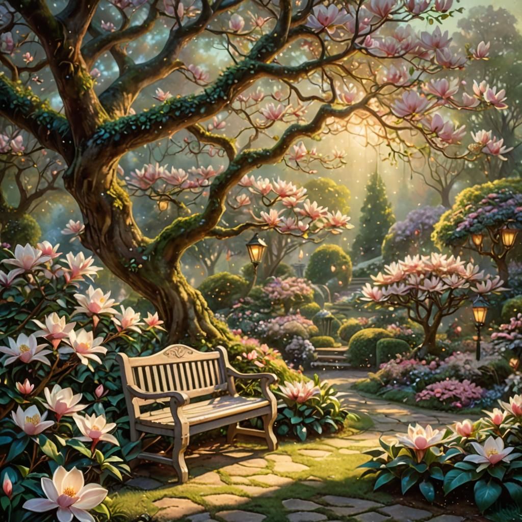 Ethereal Magnolia Garden with Fireflies in Golden Light