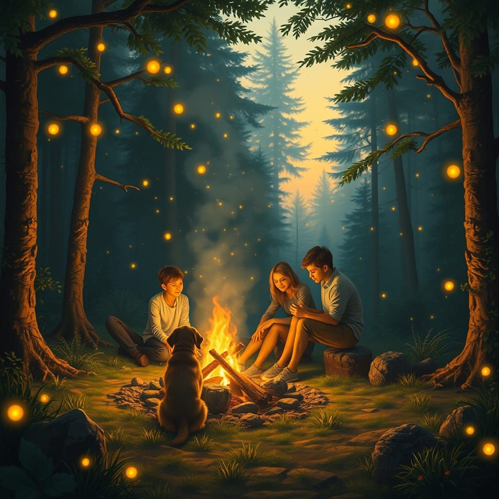 Serene Family Camping Scene with Fireflies and Golden Campfi...
