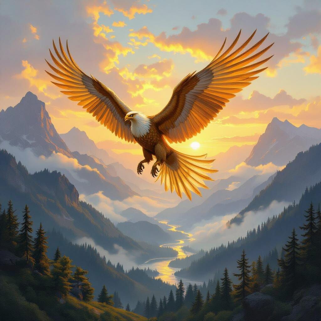 Griffin Soaring Over Misty Mountains in Oil Painting Style
