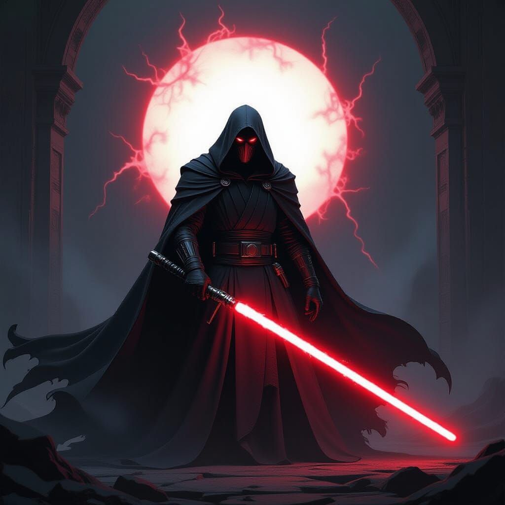 Sith Lord with Crimson Lightsaber in Dark Fantasy Art