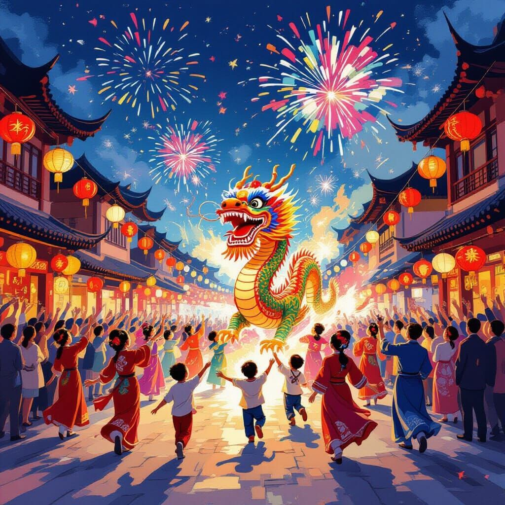 Chinese New Year Street Celebration with Dragon and Lanterns