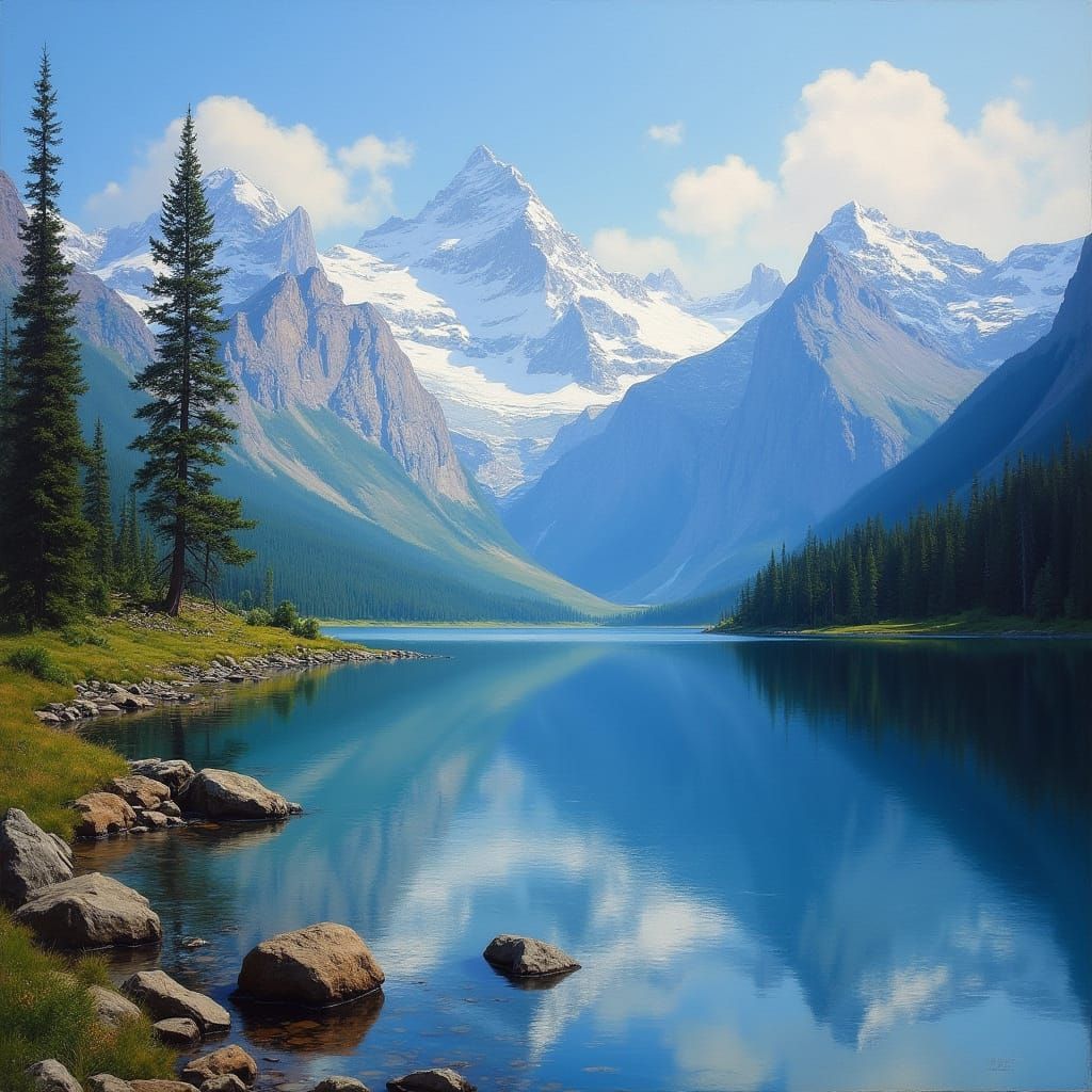 Serenely Reflecting Mountain Lake in Bierstadt Style