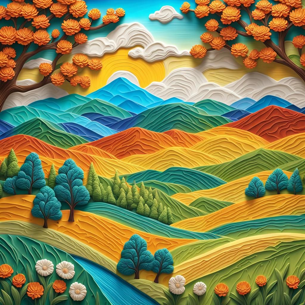Vibrant Bas-Relief Landscape Art with Intricate Textures
