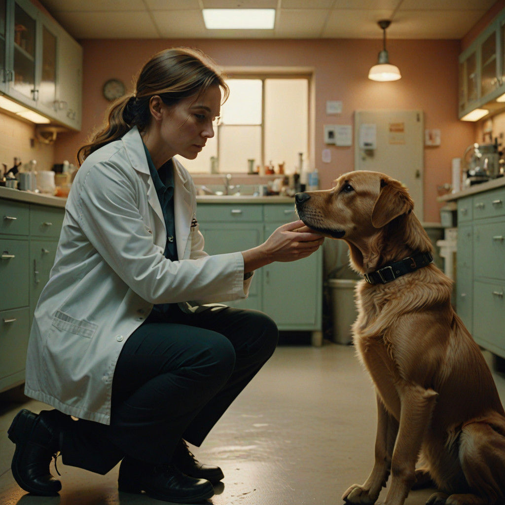 Veterinarian Tenderly Assures Frightened Lab in Warm Cinemat...