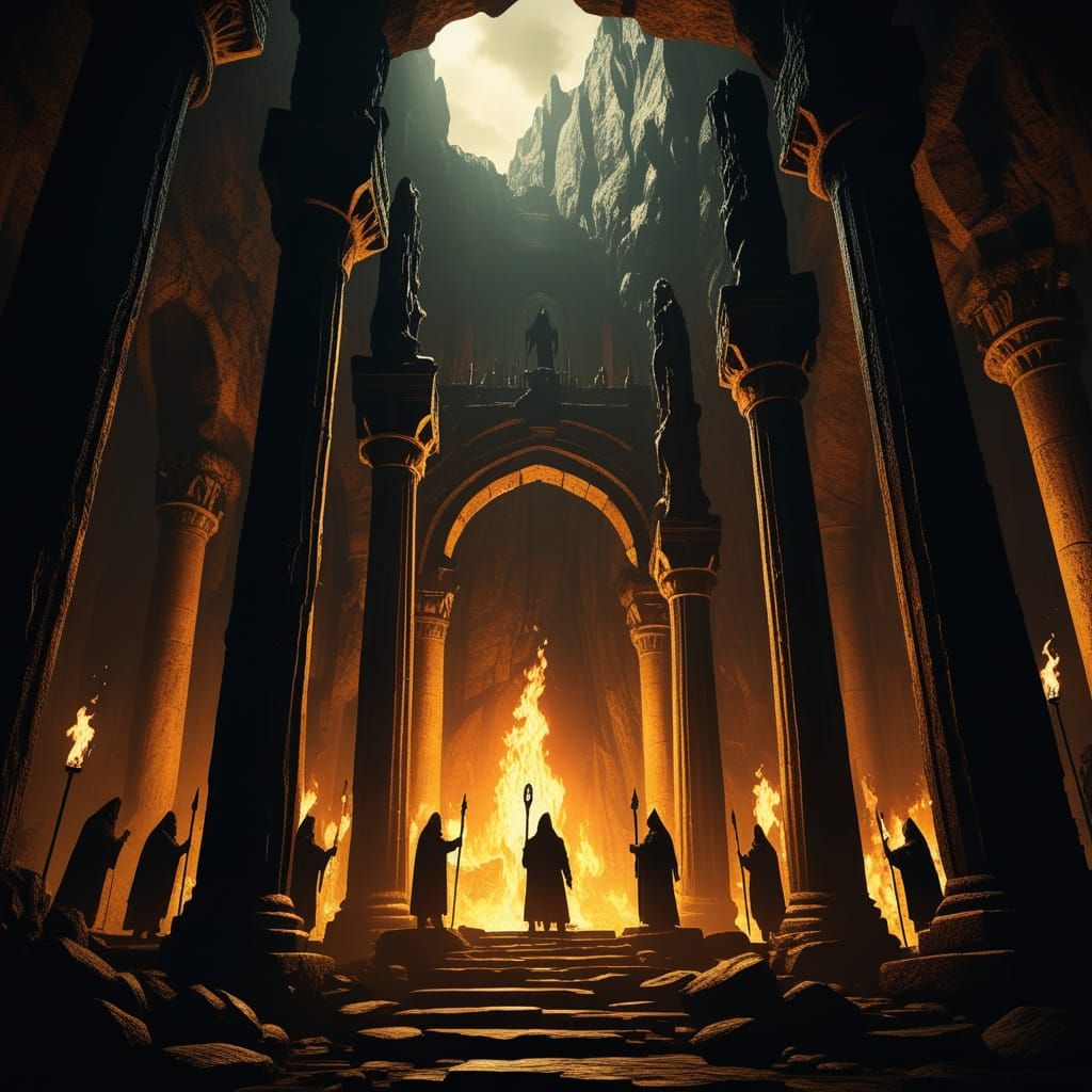 Mysterious Flame Staff in Gothic Cave with Hooded Figures