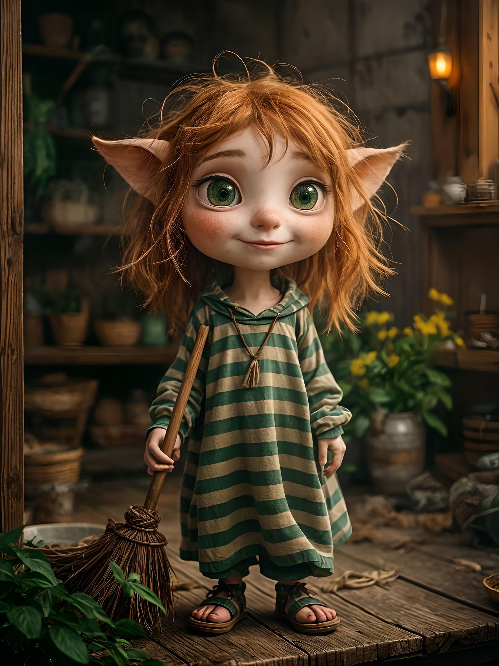 Friendly House Spirit Kuzya in a Cozy Home