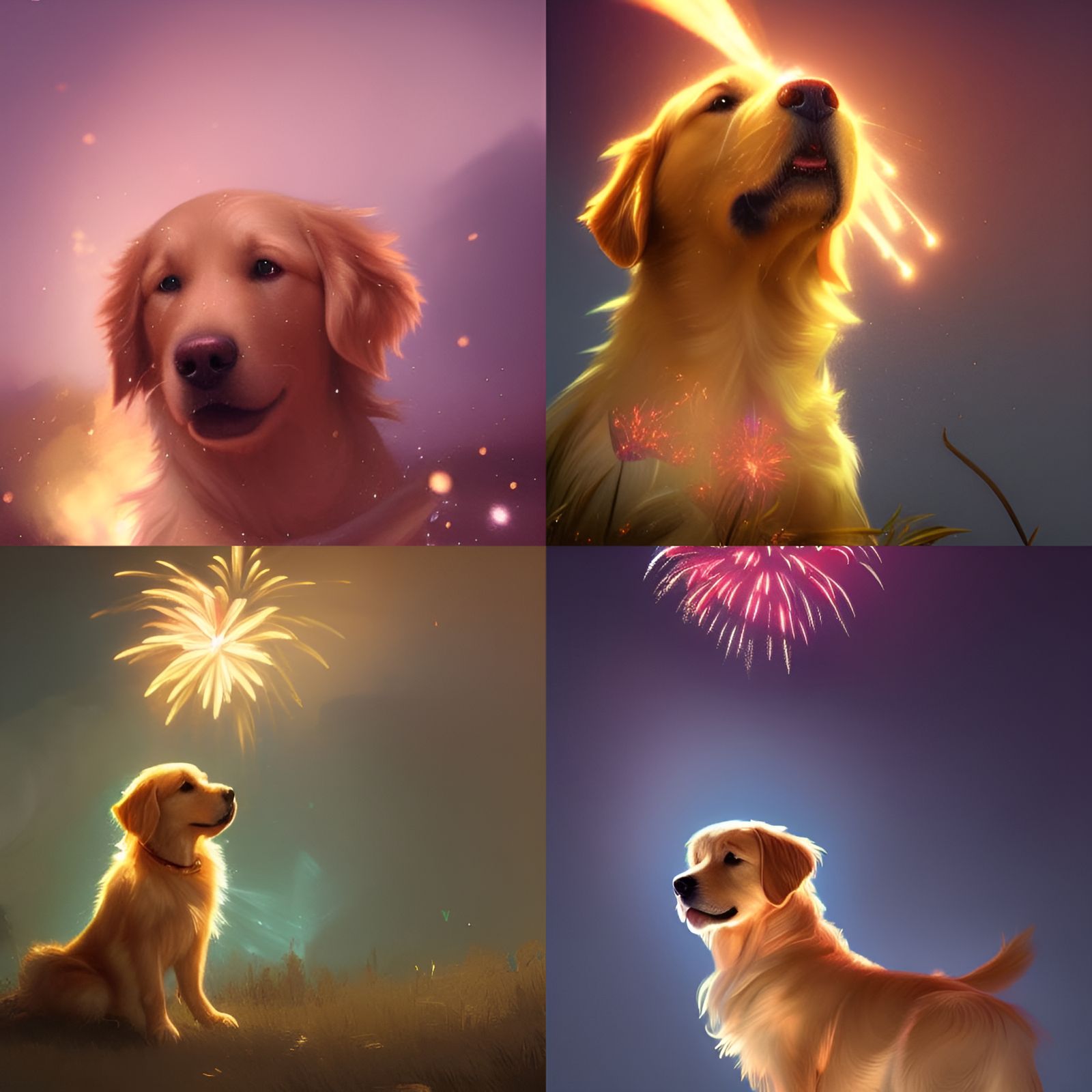 Golden Retriever Puppy Watching Fireworks, Detailed Digital ...