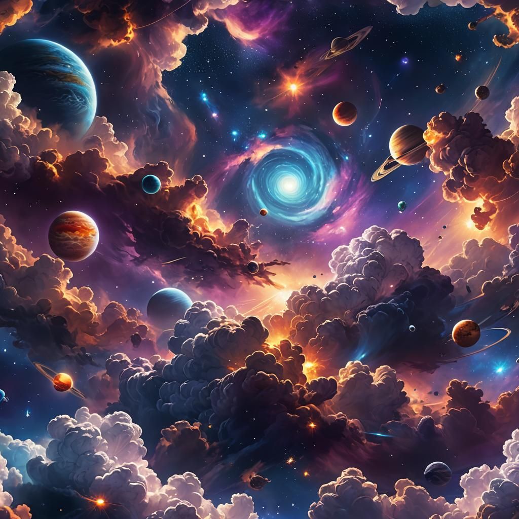 Cosmic Nightscape with Swirling Clouds, Digital Painting