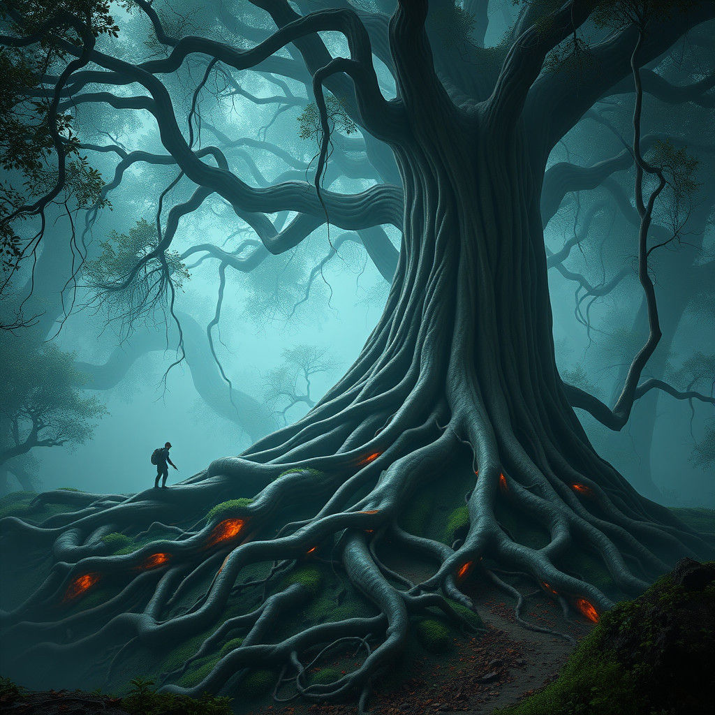 Mystical Banyan Tree Roots in Art Nouveau Style