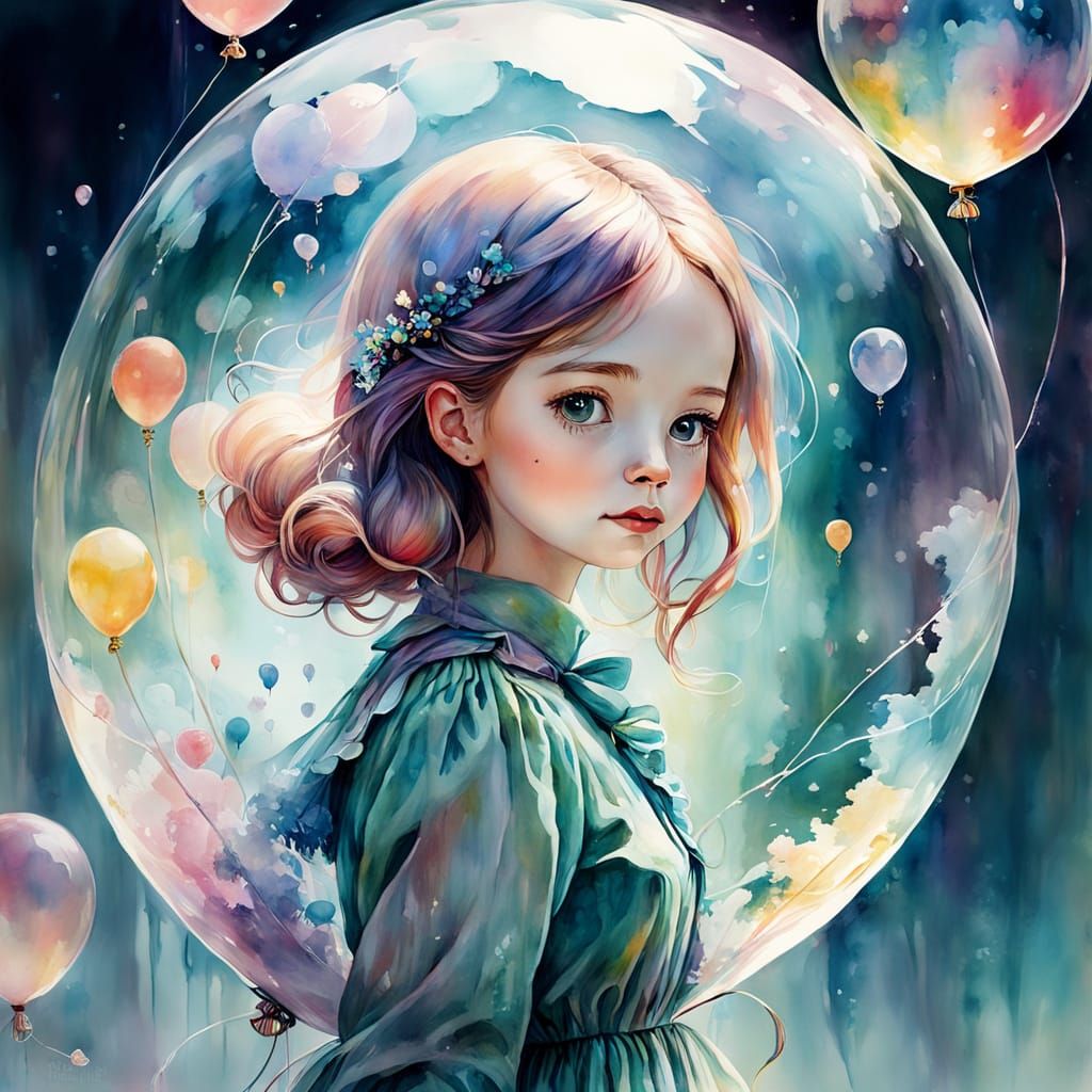 Girl in Glass Balloon: Watercolor Fantasy Art
