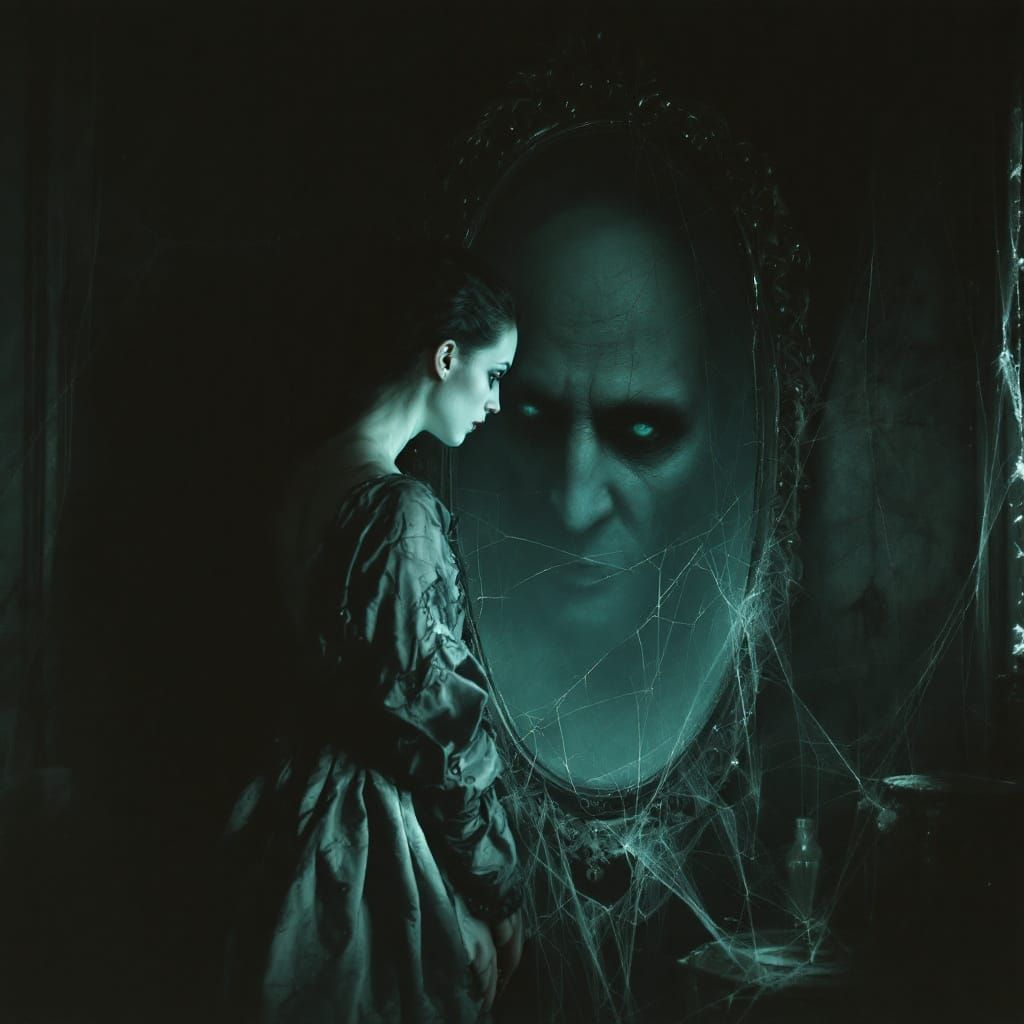 Eerie Reflection: Woman in Den, Surreal Art