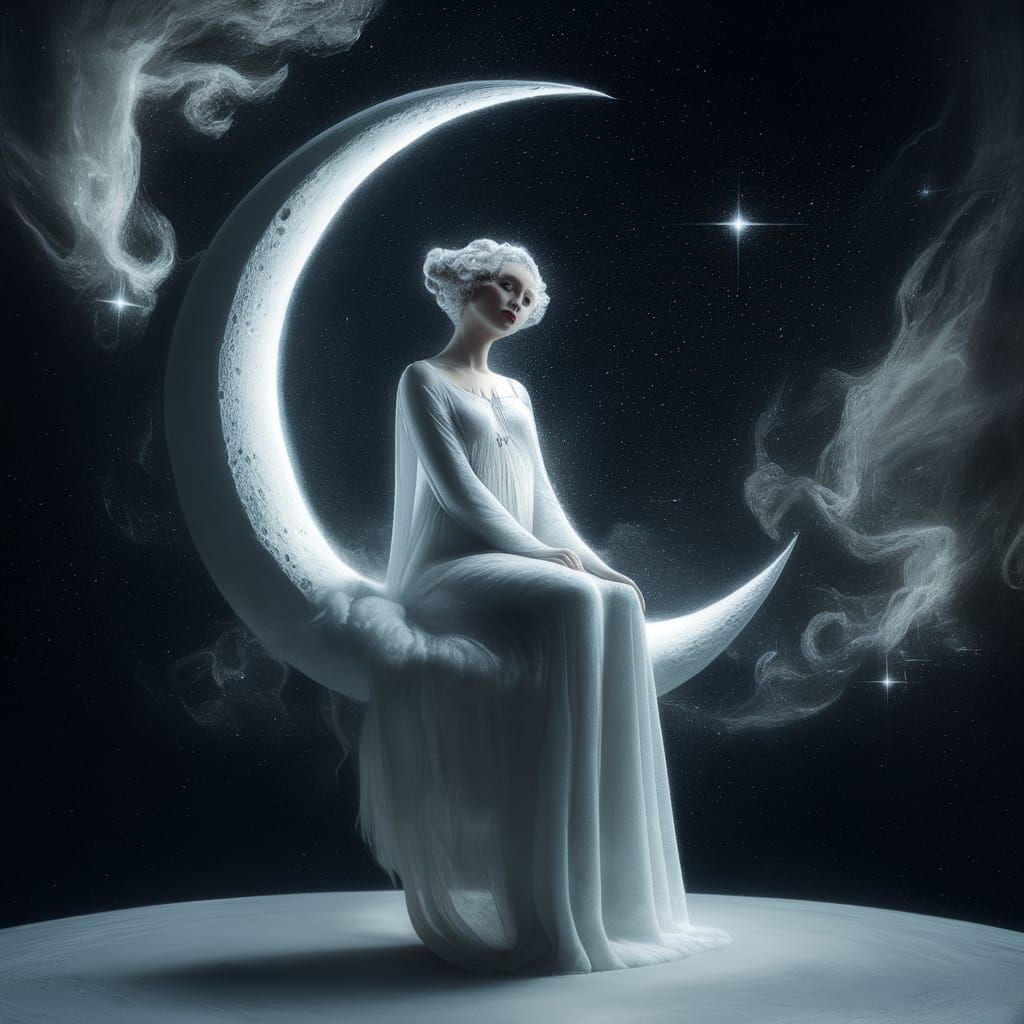 Woman on Crescent Moon in Starry Sky
