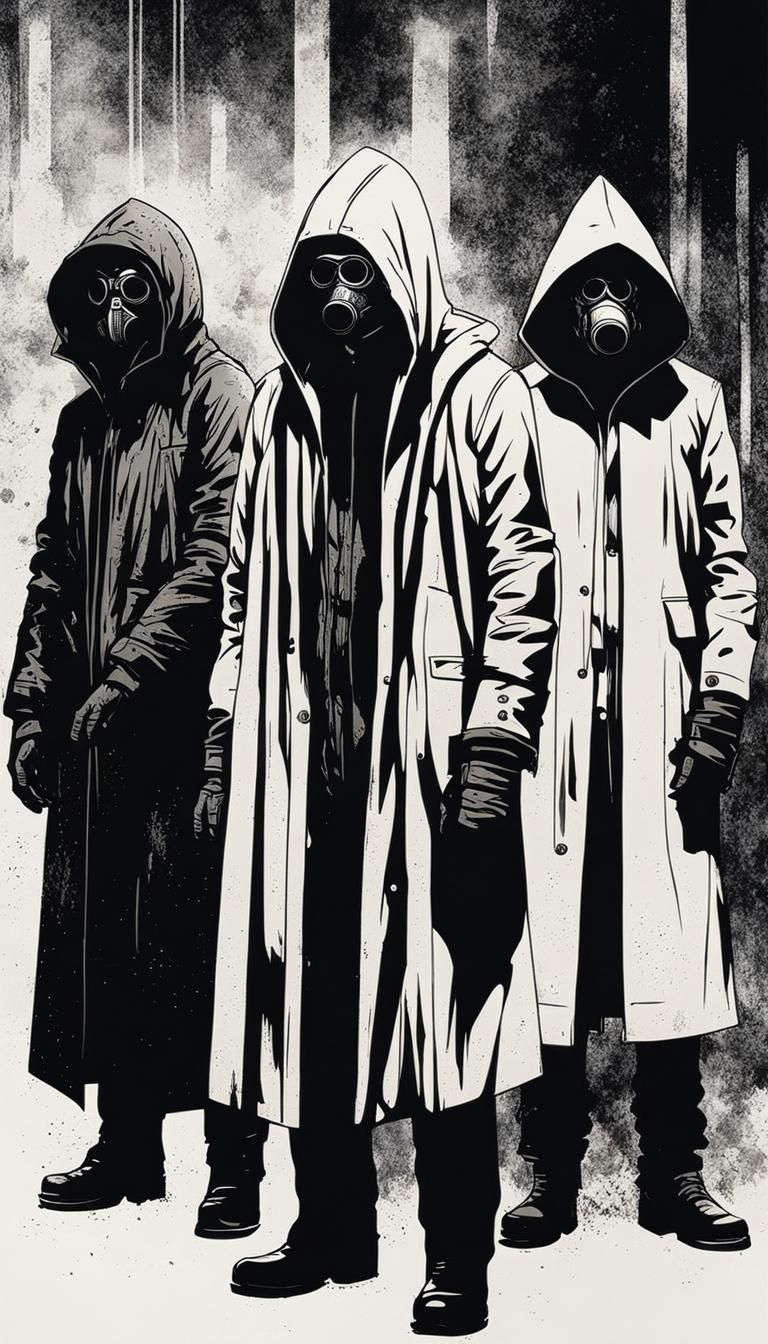 Sci-Fi Figures in Masks: Bleak Monochrome Ink Painting