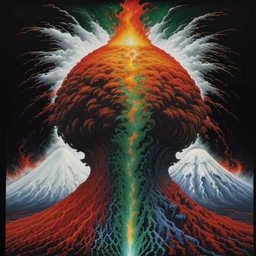 Fiery Eruption on Mount Fuji: Photorealistic Surrealism