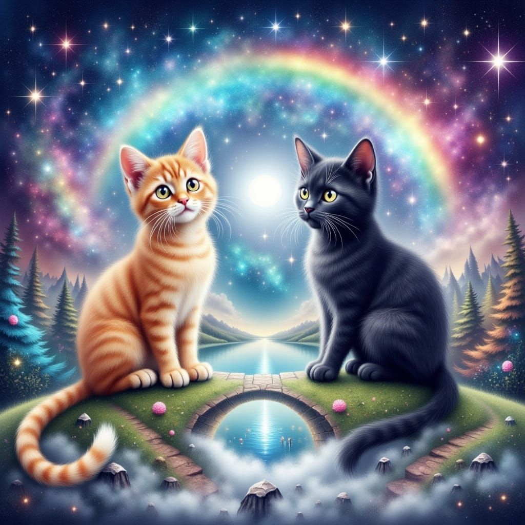 Whimsical Cats on the Rainbow Bridge, Cosmic Watercolor Art