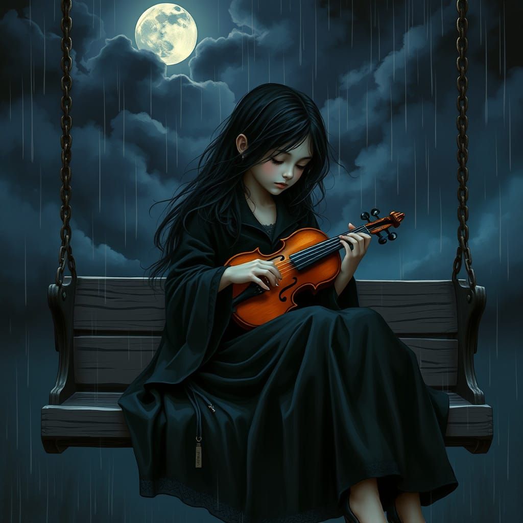 Surreal Girl Plays Violin in Rainy Landscape with Moody Atmo...