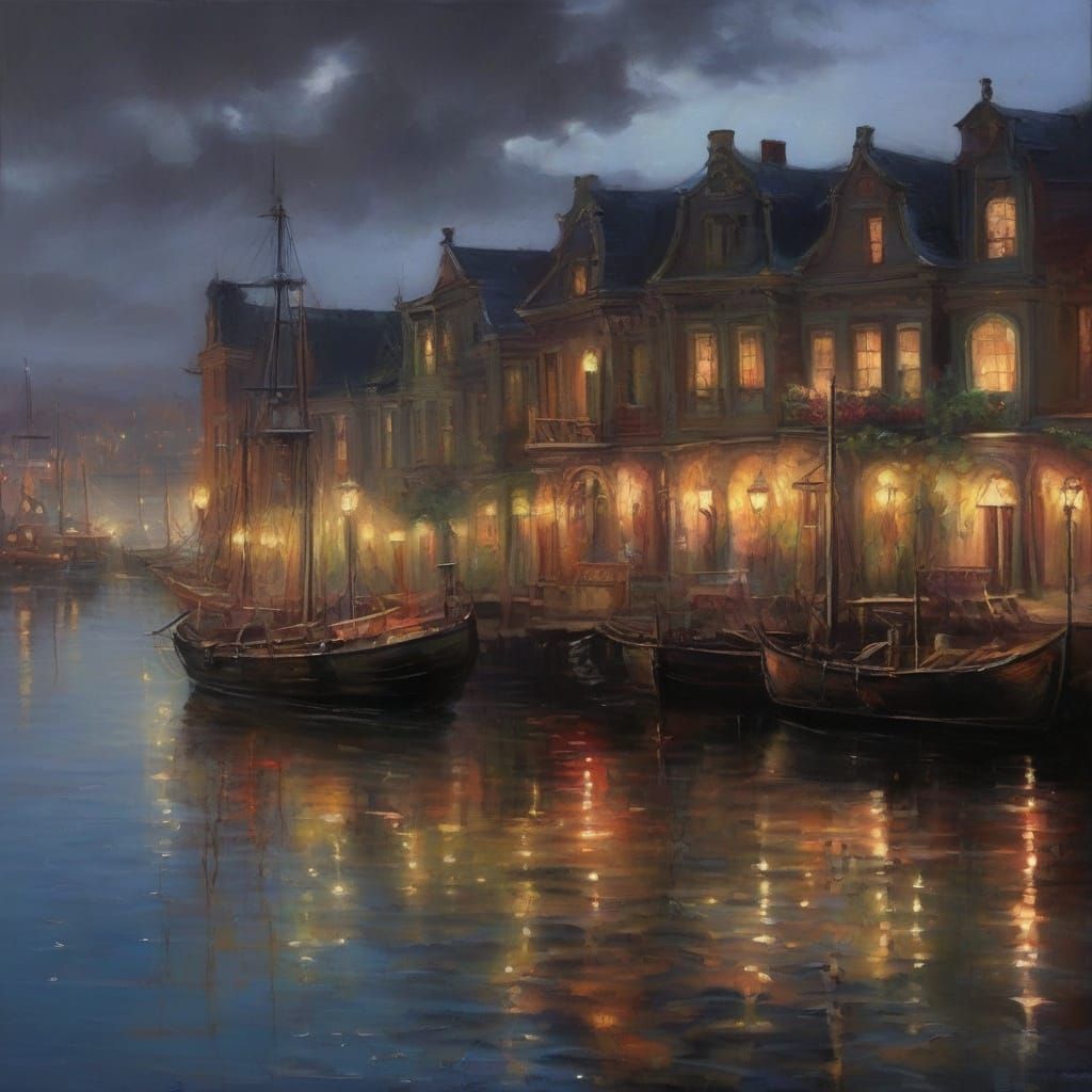 Fantasy Victorian River Harbor at Midnight in Oil Paint