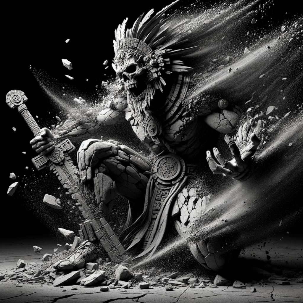 Aztec Stone Deity Disintegrating: Hyper-Realistic Digital Ar...