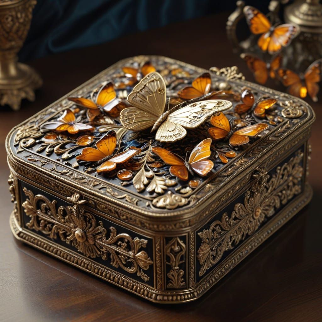 Golden Amber Butterflies Adorn Royal Box Lid in Opulent Baro...