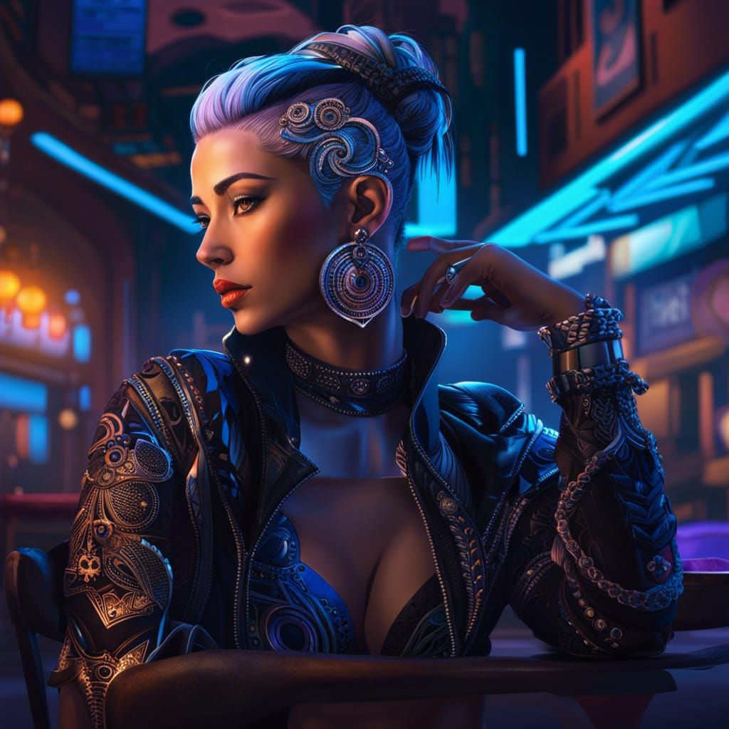 Cyberpunk Portrait at Night Cafe, Splash Art