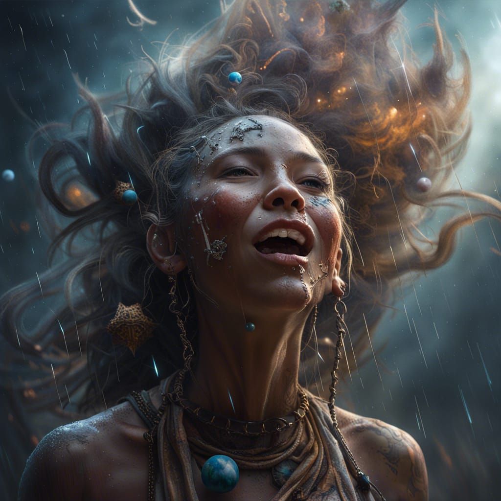 Miniature Tribal Girl with Galaxy in Cell-Shaded Style