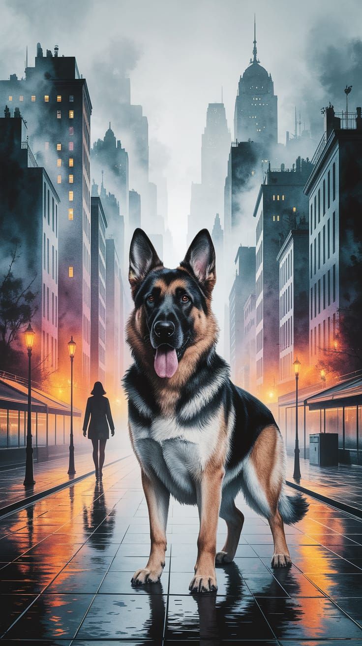 Majestic German Shepherd in Dreamlike Urban Watercolor Lands...