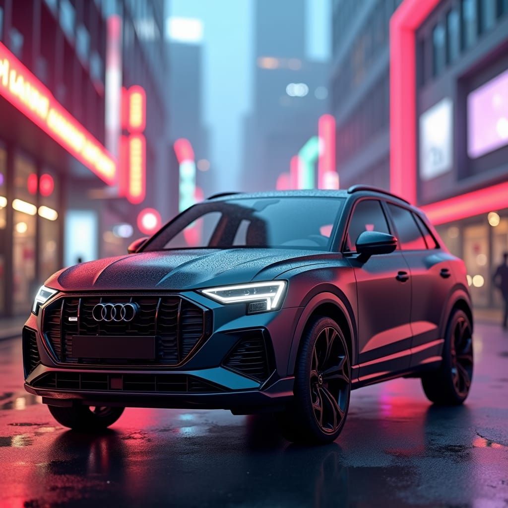 Audi RS Q3 in High-Tech Cityscape Wallpaper