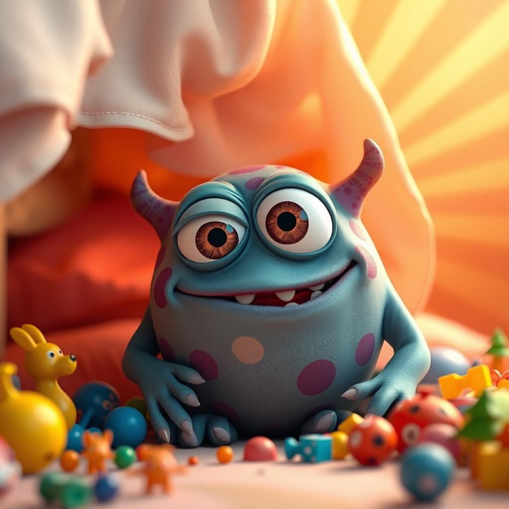 Shy Polka Dot Monster Hiding Under Bed in 3D Style